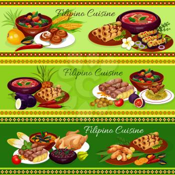 Filipino cuisine vector dishes with meat, seafood and vegetables. Meat egg roll, chicken rice and mussels in coconut sauce, beef soup, fried banana dessert and eggplant omelette, pork bean stew, buns