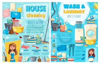House cleaning and laundry service, maid or housewife. Vector electric appliances, washing and sewing machines, iron and vacuum cleaner with dryer. Brush and sponge, gloves and dishware, detergents