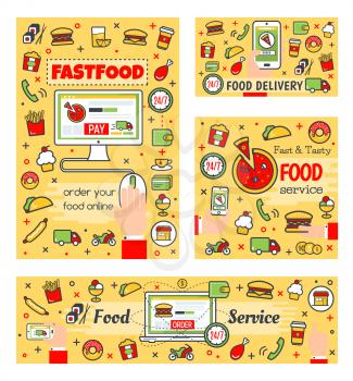 Fast food online order, delivery and payment. Buy meals through computer or laptop vector takeaway food services. Burger and french fries, cupcake and sushi, chicken and taco line art icons, 24h