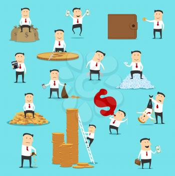 Businessman with money and profit, business concepts of earning, wealth and fortune. Vector wallet and coins, gold and gems, brilliant or diamond. Dollar sign and calculator, male character icons