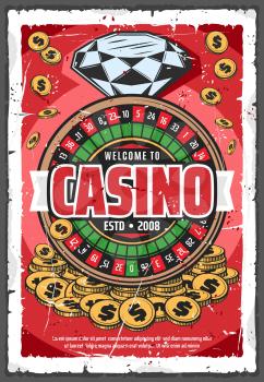 Gambling on roulette wheel, online retro casino. Diamond or brilliant and gold coins, fortune and win. Vector money stakes and risk in game of luck, precious gemstone and blackjack, fortune wheel