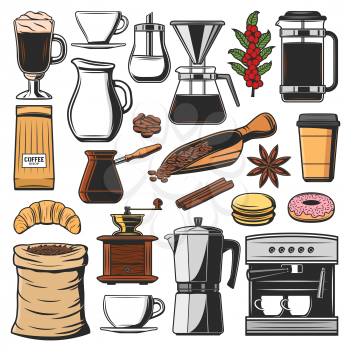 Coffee brewing icons, snacks and pastry food. Vector beans and cup, croissant and donut, macaroon, anise and cinnamon. Energetic drink in glass or takeaway cup, machine, turk and pot, sugar and milk