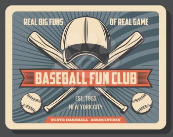 Baseball fan club, college or university sport team vintage poster. Vector baseball league or state association player equipment, bat and ball with cap and ribbon