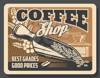 Coffeeshop coffee brewing cafe vintage poster. Vector coffeehouse and cafeteria coffee beans in grinder mill, cappuccino or americano and espresso
