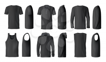 Man t-shirts, sport tank tops or hoodies and casual polo shirts mockup models. Vector isolated black menswear apparel, realistic blank front, back and side view set for brand promo