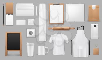 Kitchen baking tools, cooking equipment and chef apparel. Vector isolated mockups of cook apron, restaurant menu chalkboard, recipe notebook, dough rolling pin and takeaway paper bag or coffee cup
