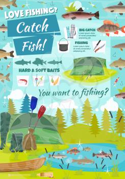 Fishing adventure or sport hobby and fish catching at lake or river. Vector fisherman outdoor leisure and equipment fish lures and tackles, rod and camping tent with rubber boat, pike, carp or perch