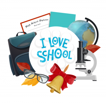 School supplies and student items vector icon of education design. Book, notebook and globe, backpack, microscope and glasses, graduation diploma and glasses with autumn leaves and bell