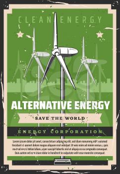 Alternative energy, windmills, ecology and eco friendly technologies. Vector enviironment protection, power station and electricity, natural renewable resource usage. Planet safety and clean world