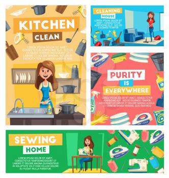 Home cleaning, kitchen dish washing and sewing service. working poster. Vector woman at housework vacuum cleaner mopping floor, sewing machine needlework and dishwasher at kitchen with soap and sponge