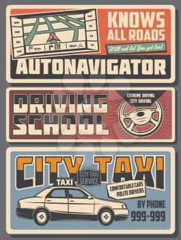 Transport route GPS navigator, extreme driving school or city taxi service. Vector automotive transportation vintage posters, vehicle industry