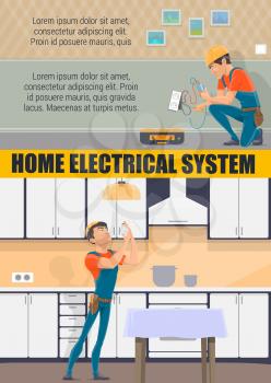 Electrician service and electrical repair house work profession. Vector electric technician man in uniform change lamp bulb in home kitchen or socket with electricity tools screwdriver and voltmeter