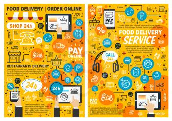 Fast food online order and delivery poster. Vector fastfood restaurant or cafe meals menu, pizza, burgers and snacks hot dog, barbecue chicken, fries and ice cream dessert and coffee drinks