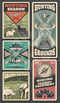 Hunting open season wild animals and hunter ammo. Vector hunting adventure and African safari posters of elephant, rhinoceros or elk antlers and rabbit with grouse, binoculars and compass and rifles