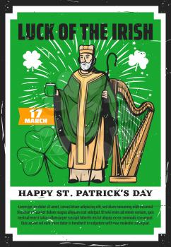Happy Saint Patrick day traditional greeting and Irish symbols. vector vintage grunge green poster, St Patrick with ale beer pint, harp and shamrock lucky clover leaf in fireworks celebration
