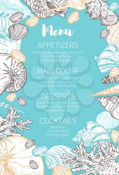 Wedding party celebration menu with sketch marine seashells pattern frame. Save the Date marriage or engagement dinner menu of appetizers, main course and desserts with cocktails