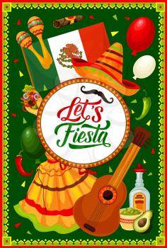 Cinco de Mayo fiesta sombrero, maracas and guitar vector greeting card of Mexican holiday party. Mariachi hat, dress and Mexico flag, chilli peppers and cigar, avocado guacamole and balloons