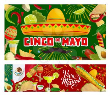Sombrero, maracas and moustaches vector design of Cinco de Mayo Mexican holiday greeting cards. Fiesta party tequila margarita, chilli tacos and nachos, avocado, lime and jalapeno with fireworks
