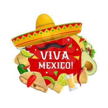 Viva Mexico, Cinco de Mayo Mexican traditional holiday greeting. Vector Cinco de Mayo party celebration sombrero with mustaches, jalapeno chili pepper, tequila with lime, burrito and avocado