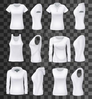 T-shirt templates with hoodie and sweatshirt, polo and singlet or sleeveless shirt isolated mockups. Vector female clothes, casual garments and underwear. Everyday women outfit elements on transparent