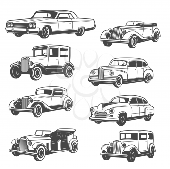 Monochrome vector cars, isolated vintage vehicle. Old vehicles exhibition and motor show. Vector vintage american restoration rarity transport, cabriolets with mechanical control
