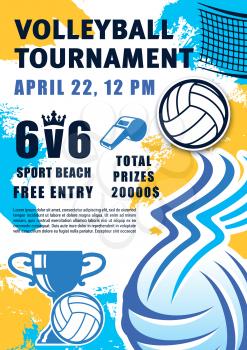 Volleyball sport game, ball and whistle, net and trophy cup. Vector beach tournament, equipment and award. Sporting items and prize winners, championship or competition match, invitation on play