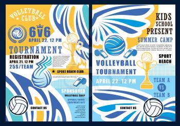 Volleyball sport game, ball and whistle. Vector summer beach tournament, gold trophy cup prize, sporting items, crown and wings. Invitation on kids school championship, sponsored apparel and shoes