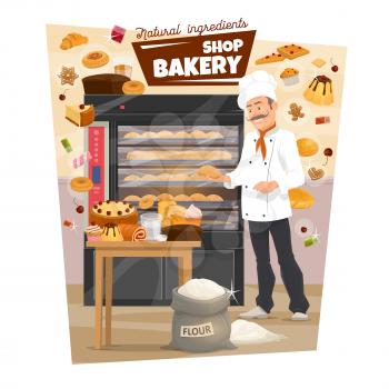 Baker and showcase, pastry food and bread, bakery stove. Vector loaf and baguette, cake and roll with jam, toast and donut. Croissant and waffles on table, gingerbread cookies, cupcake, sack of flour