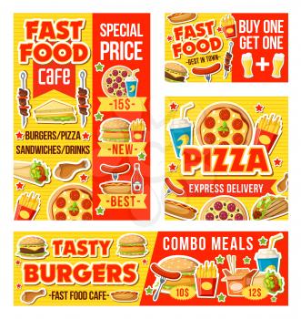 Fast food and drinks menu. Vector pizza, mexican tacos and enchiladas, ice cream and hot dog, burger and chicken nuggets. Beer, barbecue and sandwich, donut and soda