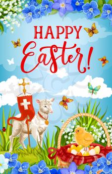 Easter eggs and chick in floral basket with lamb of God and cross vector greeting card, decorated with spring flowers, green grass and butterflies. Christian religion holiday celebration design