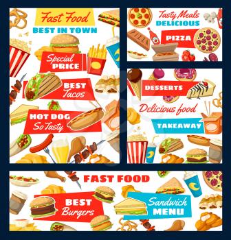Fast food snacks and drinks menu. Vector italian pizza, mexican tacos and enchiladas, ice cream and hot dog, burger and chicken leg or nuggets. Barbecue and sandwich, donut and beer or soda
