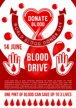 World blood donor day poster for blood donation. Vector design of heart, blood drop and helping hand for 14 June social charity event and medical volunteering