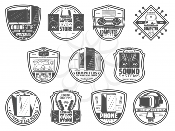 Electronic device and digital gadget retro icons. Computer, mobile phone and tablet, sound system, joystick and headphones, virtual reality glasses, transport navigation gadget and tv screen vector