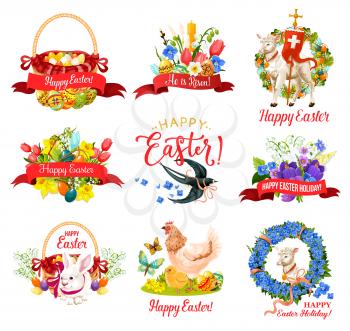 Happy Easter Holiday icon for greeting card design. Spring flower frame with Easter egg hunt basket, rabbit bunny and candle, chicken, lamb of God and ribbon banner with He Is Risen greeting wishes