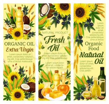 Cooking oils and organic food. Vector extra virgin olive, sunflower seed or coconut and flax or corn, hemp and fat butter on plate, wheat and nuts. Oil bottles, natural food ingredients