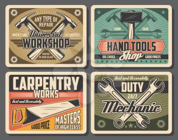 Workshop and carpentry tools, retro design. Hammer and wrench, spanner and saw vector tools. Construction and repair work, instruments shop, mechanic on duty service