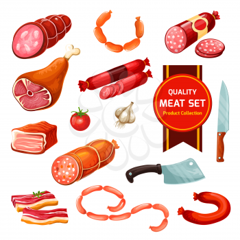 Butcher items, sausage and meat icons with knives, tomato and garlic seasonings. Vector isolated beef and pork, sausage and ham, bacon and cutlery, frankfurter and salami, rib and sirloin