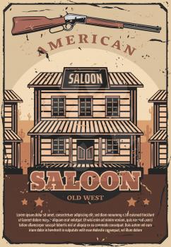 Wild West saloon or sheriff office or old bar, gun or rifle. American historical period of cowboys vintage design with wooden building and weapon, retro style vector