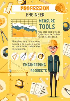 Engineer or builder professiont. Civil construction engineer in hard hat with architectural drawings, rules, tape measure, compasses and tower crane. Engineering industry, cartoon vector