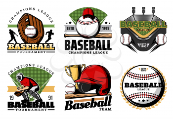 Baseball sporting heraldic icons. Vector leather glove and balls, trophy cup and uniform, player and helmet with bat. Team game, sport items and prize icons. Professionals club isolated symbols