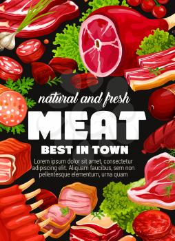 Fresh meat, sausage and butchery shop products vector design. Beef steak, pork ribs and salami, ham, bacon and chicken brisket, frankfurter, barbeque patty and pepperoni with spice herb and seasonings