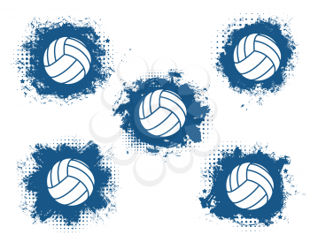 Volleyball balls grunge vector icons with blue halftone sport game equipment. Team player sporting items isolated symbols. Sport club emblem, badge and sign design