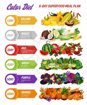 Color diet healthy food ingredients vector design with vegetables, fruits and berries, herbs, spices and cereals. Vegetarian vitamins, dieting nutritions, superfood meal plan and eat rainbow concept