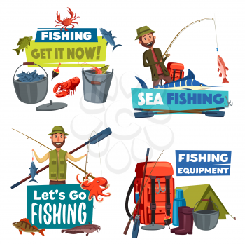 Fishing sport and fisherman equipment vector icons. Fishers or anglers with fish catch, fishing rod, boat and tackle, salmon, tuna and marlin, tourist tent, backpack and boots. Outdoor hobby design