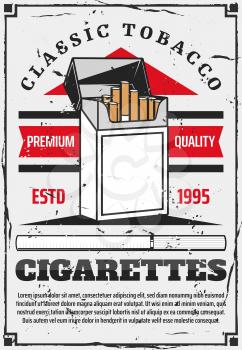 Cigarette pack vector design of tobacco product box with filtered cigarettes, blank label and red ribbon. Tobacco industry advertising poster, smoking addiction and bad habit themes