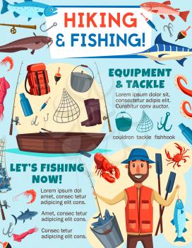 Fishing sport tackle, tourism equipment and hiking items vector design of outdoor hobby and recreation activity. Fisherman with fish, fishing rod and boat, hook, bait and net, lure, backpack and boots