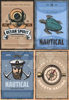 Marine adventure, navigation in water and underwater world. Vector helmet and sea turtle, captain sailor and compass. Diving and ocean animals, anchor and smoking pipe, geographical orientation tool