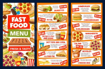 Fastfood and street food vector menu. Burrito and pitta, tacos, potato fry and drink, hot dog and soda, pie and nachos. Hamburger and cheeseburger, pizza margarita, salami and noodles