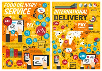 Food delivery services, online order and pay, estimated delivery time. Vector fast food, graphs and charts, computers and smartphones. Pizza and donuts, hamburgers, french fries, call 24h