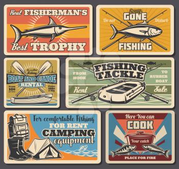 Fishing equipment, sport and recreation, travel and camping. Vector marlin and salmon, rod and boot, oar and tackle, tent and gumboots, rucksack and cauldron. Fishery items, canoe and boats rent